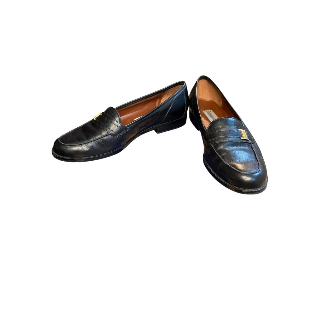 Etienne Aigner Camelot Black Leather Loafers | Size 7.5 M | Gold Logo Plaque - Picture 4 of 8